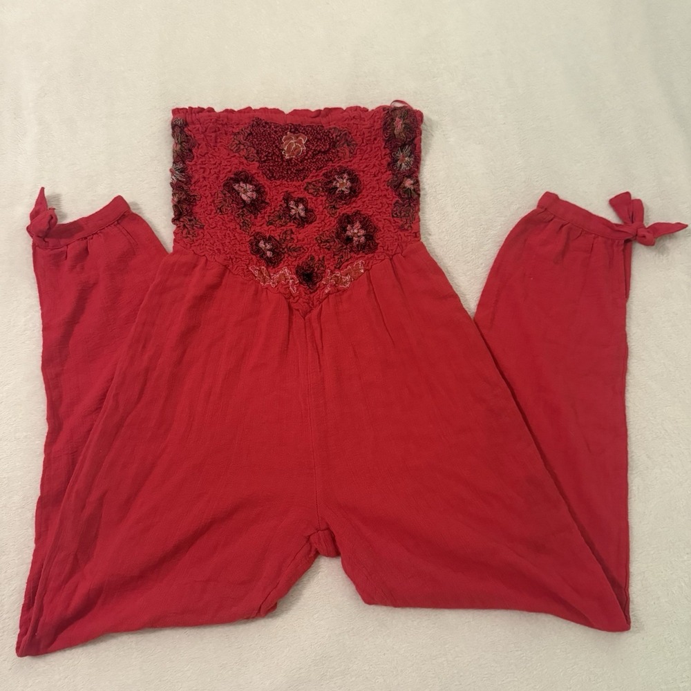Free People Karan Strapless Smocked Floral Red Jumpsuit Size XS Boho Festival - Picture 15 of 15